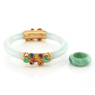 Lot 1590 - Jade, Gold and Gem-Set Bangle Bracelet and Jade Band Ring