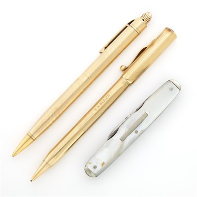 Lot 1397 - Gold and Gold-Filled Retractable Pencils and Mother-of-Pearl Pen Knife