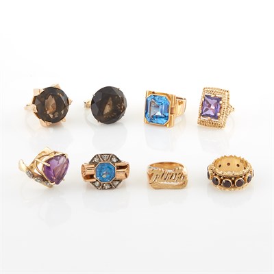 Lot 1420 - Eight Gold, Low Karat Gold, Metal and Gem-Set Rings