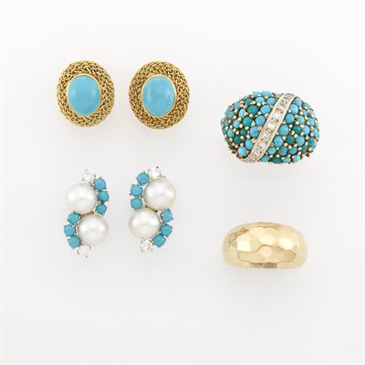Lot 1298 - Two Pairs of Yellow and White Gold, Turquoise, Cultured Pearl and Diamond Earclips and Two Rings