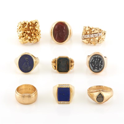 Lot 1966 - Nine Gentleman's Low Karat Gold and Gold Rings