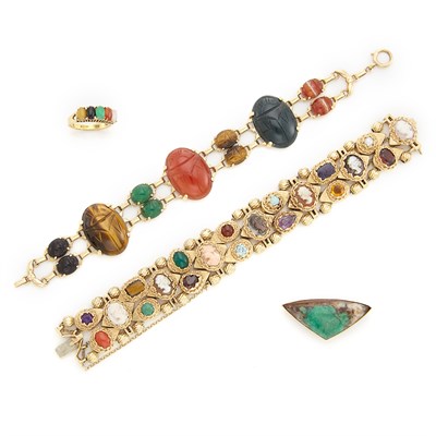 Lot 1496 - Two Gold, Gem-Set and Hardstone Bracelets, Pin and Ring