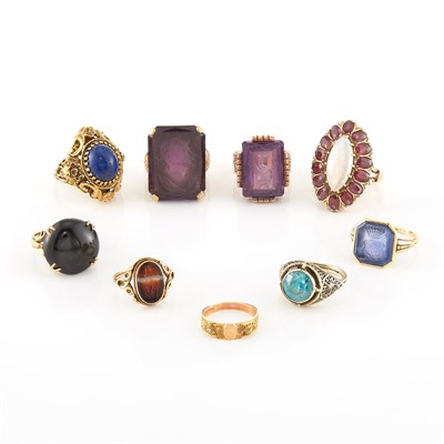 Lot 2128 - Nine Gold, Low Karat Gold, and Gem-Set Rings
