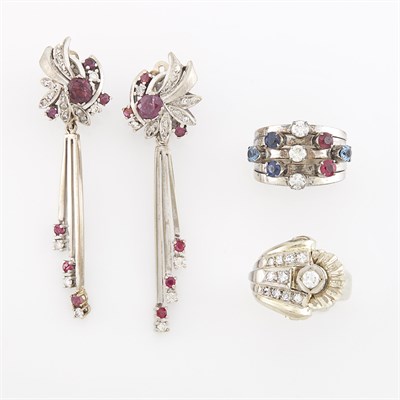 Lot 1737 - Pair of White Gold, Silver, Ruby, Diamond and Gem-Set Pendant-Earrings and Two Rings