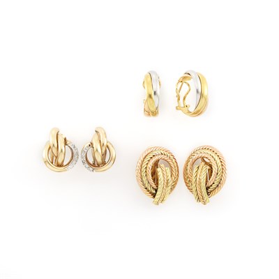 Lot 1633 - Three Pairs of Tricolor Gold Earrings