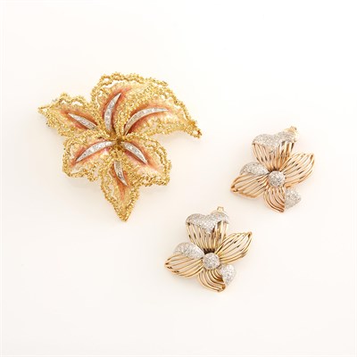 Lot 1859 - Gold, Enamel and Diamond Flower Clip-Brooch and Pair of Two-Color Gold and Diamond Flower Earclips