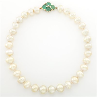 Lot 1858 - Baroque Cultured Pearl Necklace with Gold, Cabochon Emerald and Diamond Clasp