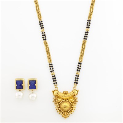 Lot 2059 - Pair of Gold, South Sea Cultured Pearl and Lapis Pendant-Earclips and Gold and Black Onyx Bead Necklace