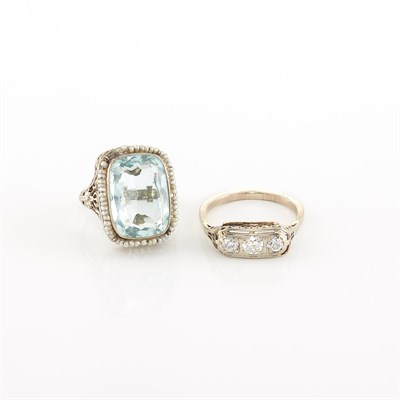 Lot 2023 - Two White Gold, Aquamarine and Diamond Rings