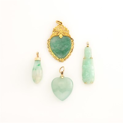 Lot 1900 - Four Gold, Jade and Green Stone Pendants