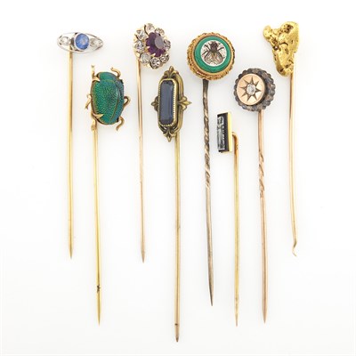 Lot 2006 - Eight Gold, Metal and Gem-Set Stick Pins