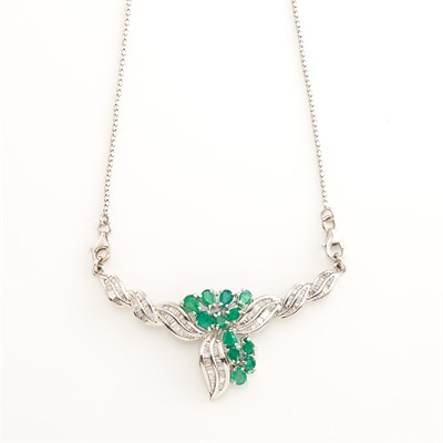 Lot 1869 - White Gold, Emerald and Diamond Necklace