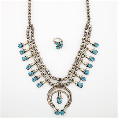Lot 2060 - Navajo Silver and Turquoise Squash Blossom Necklace, Dorris Smallcanyon, and Silver and Turquoise Ring