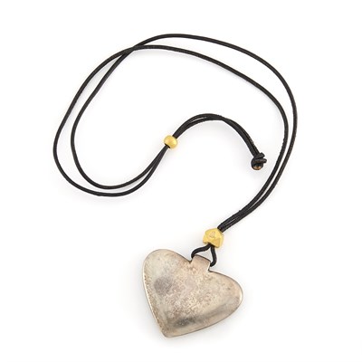 Lot 1059 - Silver Heart Pendant and Gold Beads on Leather Cord Necklace, Linda Lee Johnson