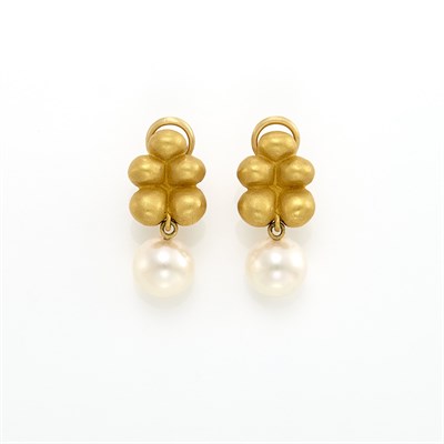 Lot 1006 - Pair of Gold, High Karat Gold and Cultured Pearl Pendant-Earclips, Linda Lee Johnson