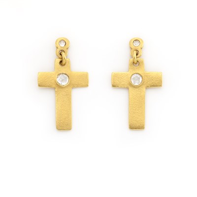Lot 1058 - Pair of Gold and Diamond Cross Pendant-Earrings, Linda Lee Johnson