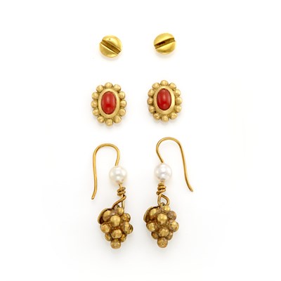 Lot 1035 - Pair of Gold Screw Earrings, Gold and Coral Earrings and Gold and Cultured Pearl Pendant-Earrings