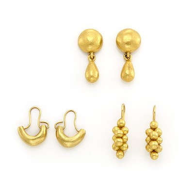 Lot 1041 - Three Pairs of Gold and High Karat Gold Earrings, by Linda Lee Johnson