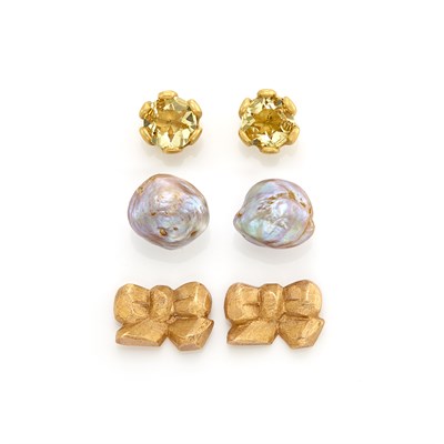 Lot 1011 - Pair of Gray Baroque Cultured Pearl Earrings, Rose Gold Bow Earrings and Gold and Citrine Earrings