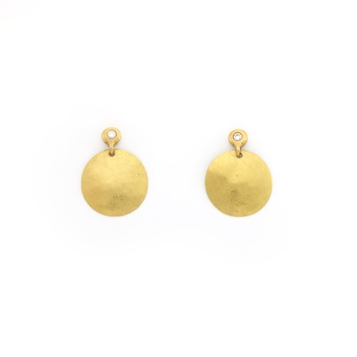 Lot 1056 - Pair of Gold and Diamond Disc Pendant-Earrings, Linda Lee Johnson
