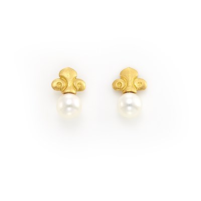 Lot 1022 - Pair of Gold and Cultured Pearl Fleur-de-Lys Earrings, Linda Lee Johnson