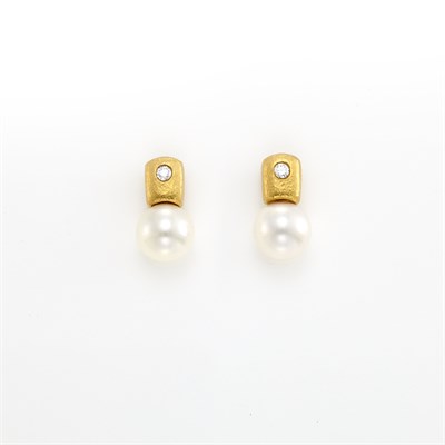 Lot 1025 - Pair of Gold, Cultured Pearl and Diamond Earrings, Linda Lee Johnson