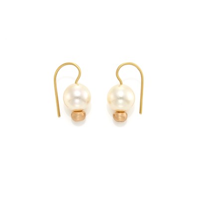 Lot 1027 - Pair of Red Gold, Cultured Pearl and Diamond Earrings, Linda Lee Johnson