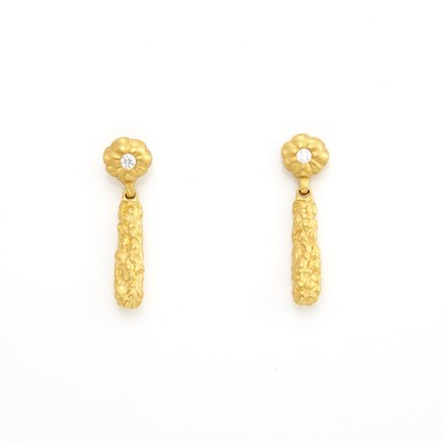 Lot 1029 - Pair of Gold, High Karat Gold and Diamond Pendant-Earrings, Linda Lee Johnson