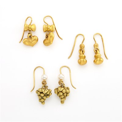 Lot 1032 - Three Pairs of Gold, High Karat Gold and Cultured Pearl Earrings