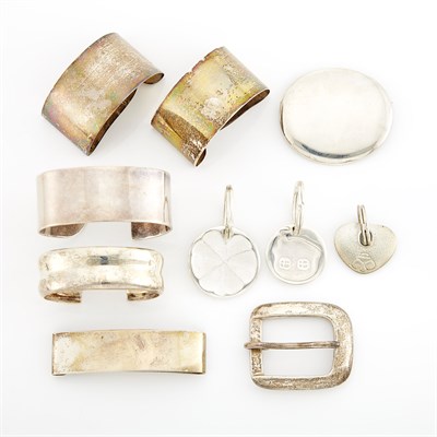 Lot 1074 - Three Silver Hair Barrettes, Brooch, Belt Buckle, Three Key Fobs and Two Cuff Bracelets, Linda Lee Johnson
