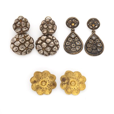 Lot 1080 - Two Pairs of Silver Pendant-Earrings and Earclips, Linda Lee Johnson, and Pair of Silver-Gilt Flower Earclips