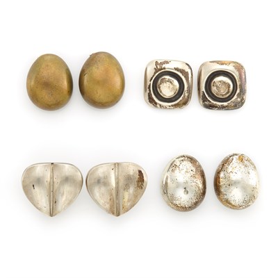 Lot 1083 - Three Pairs of Silver Earrings and Earclips, Linda Lee Johnson, and Pair of Brass Earclips, Attributed to Linda Lee Johnson