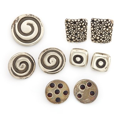 Lot 1079 - Four Pairs of Silver Earrings and Pin, Linda Lee Johnson