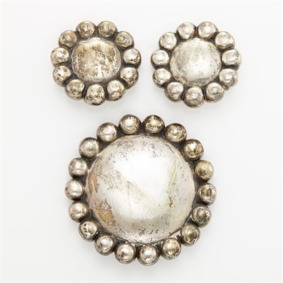 Lot 1055 - Silver 'Rosetta' Brooch and Pair of Earclips, Linda Lee Johnson