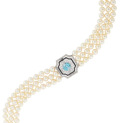 Lot 179 - Triple Strand Cultured Pearl, Platinum, Gold, Blue Zircon, Black Onyx, Diamond and Mabé Pearl Necklace
