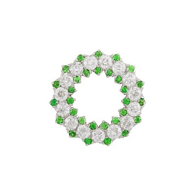 Lot 463 - Platinum, Gold, Diamond and Demantoid Garnet Circle Pin