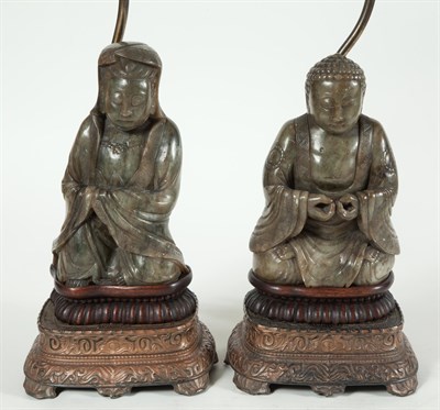 Lot 297 - Pair of Chinese Green Hardstone Figural Buddha...