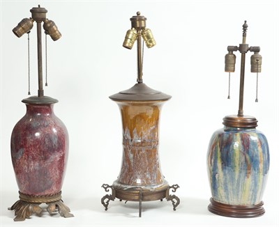 Lot 383 - Group of Three Mottled Glazed Porcelain Lamps...