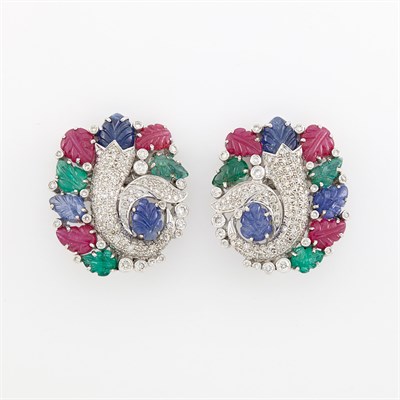 Lot 2025 - Pair of White Gold, Carved Gem-Set and Diamond Cornucopia 'Tutti Frutti' Earclips