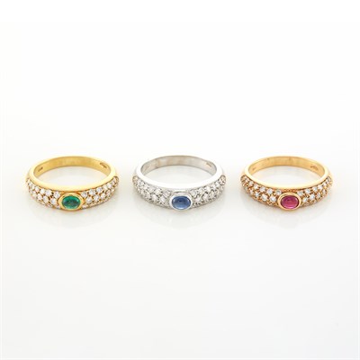 Lot 1841 - Three Yellow and White Gold, Diamond and Cabochon Gem-Set Rings