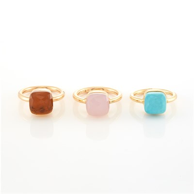 Lot 1142 - Three Yellow and Rose Gold, Rose Quartz, Turquoise and Citrine Rings