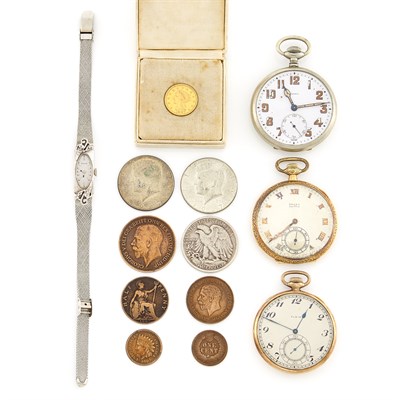 Lot 1774 - Group of Gold, Low Karat Gold, Gold-Filled and Diamond Pocket Watches, Wristwatch and Silver Coins