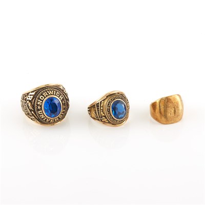 Lot 2092 - Wide Gold Ring and Two Low Karat Gold School Rings