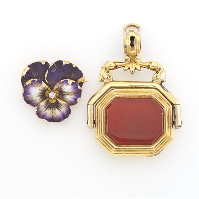 Lot 2004 - Gold, Enamel and Diamond Pansy Pendant-Brooch and Variegated Gold and Carnelian Fob