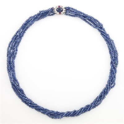 Lot 1664 - Multistrand Sapphire Bead Torsade Necklace with White Gold, Cabochon Sapphire and Ruby and Diamond Clasp