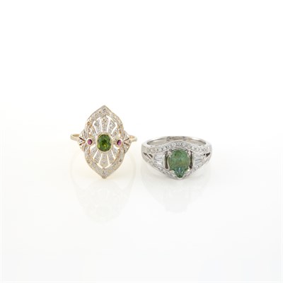 Lot 1240 - Two White and Yellow Gold, Demantoid Garnet and Diamond Rings