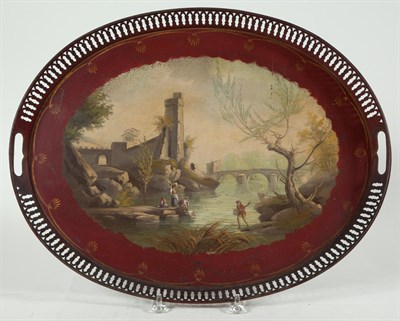 Lot 155 - Tôle Landscape Decorated Red Ground Oval...