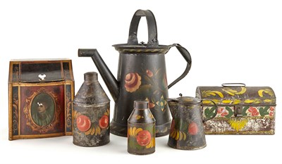 Lot 211 - Group of Six Decorated Tôleware Articles 19th...