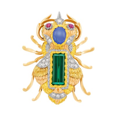 Lot 108 - Tricolor Gold, Gem-Set and Diamond Insect Brooch, Cazzaniga