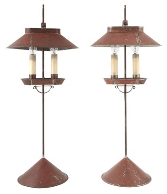 Lot 372 - Pair of Tôle Two-Light Candlestick Lamps Each...